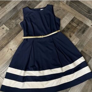 Calvin Klein fit & flare belted striped hem Dress Size 14W NWT